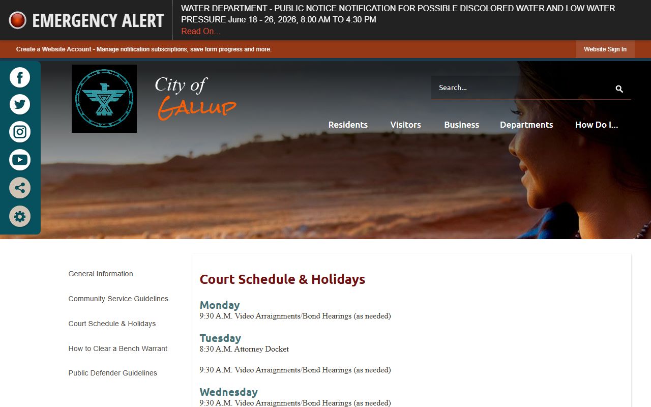 McKinley County court dockets Gallup Municipal Court schedule and holidays