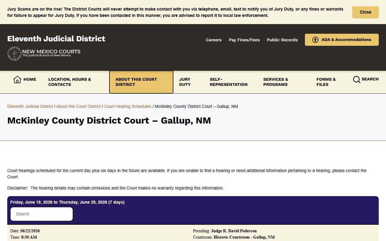McKinley County court records District Court hearing schedule