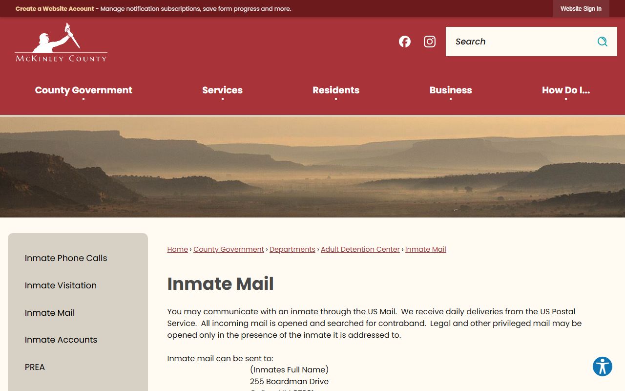 McKinley County inmate records mail rules